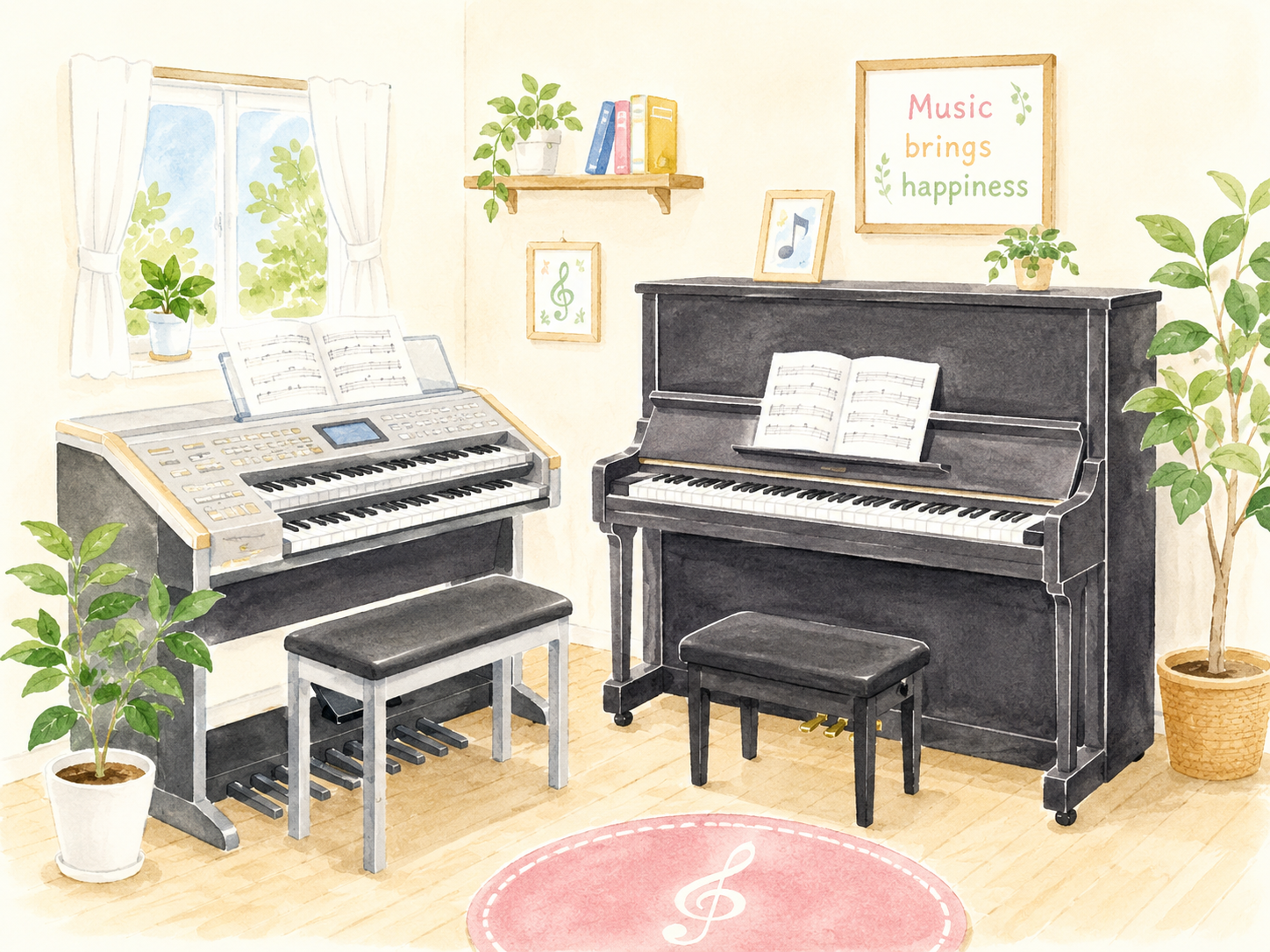 ピアノとエレクトーンのある教室内のイラスト